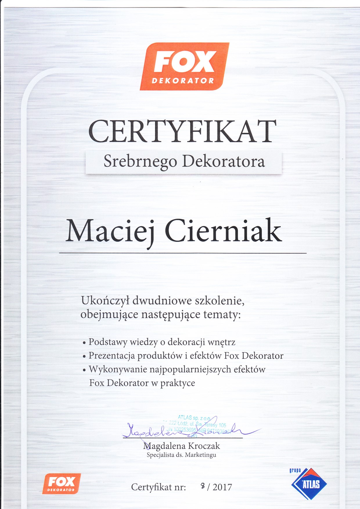 certyfikat srebrnego dekoratora
